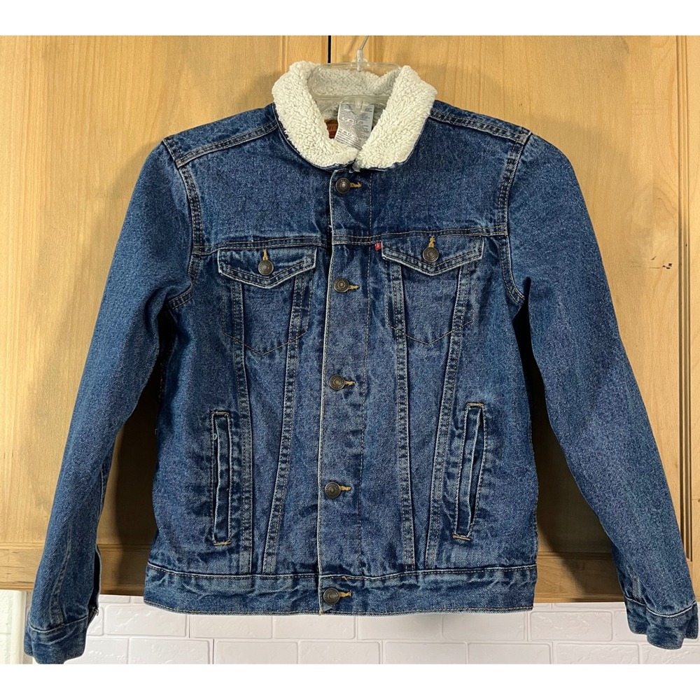 Levi's Sherpa Lined Denim Trucker Jacket Kids Size Large Blue Medium Wash